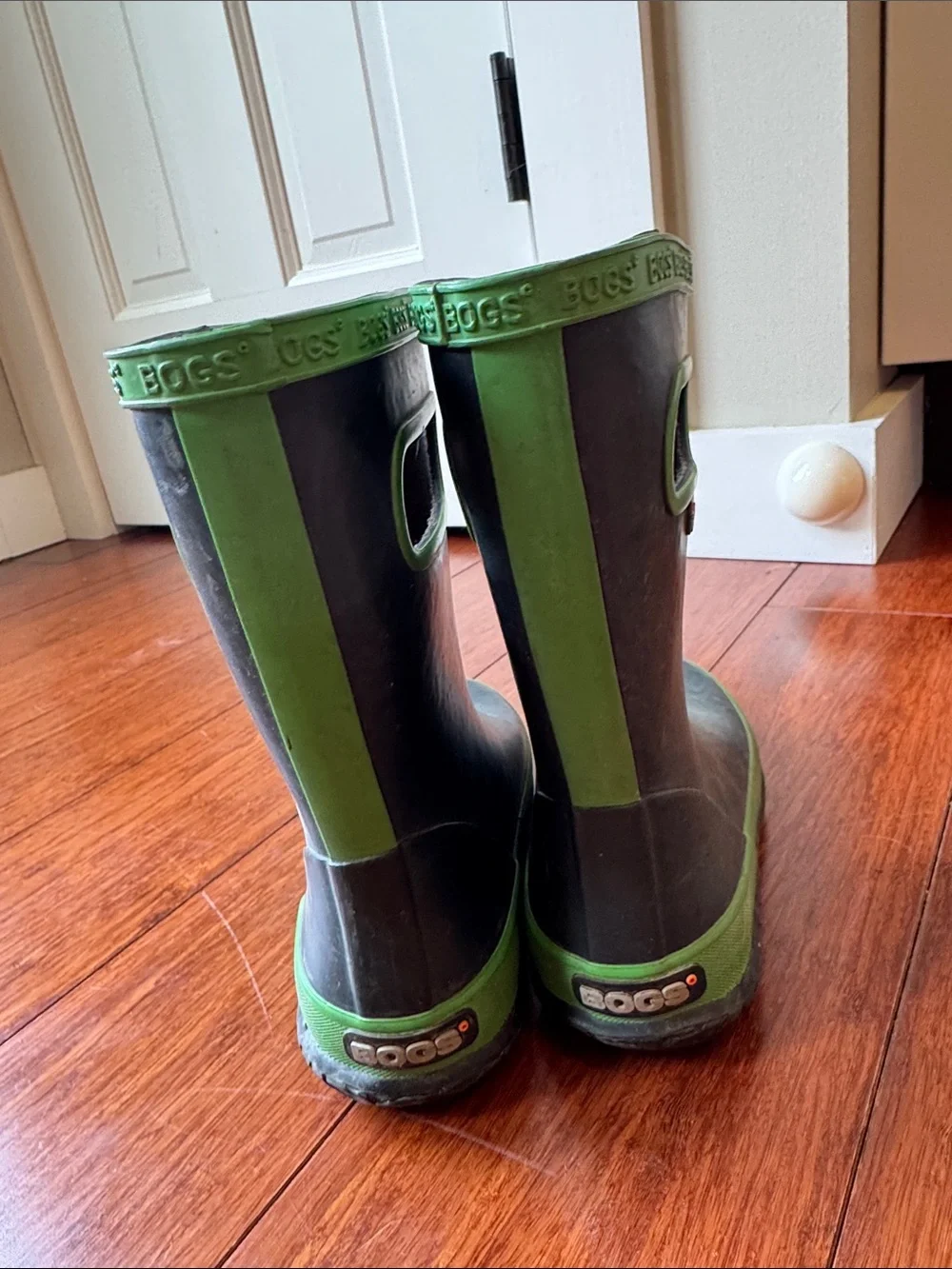 Bogs Kids Tall Blue and Green Rain Boots with Hand Grips